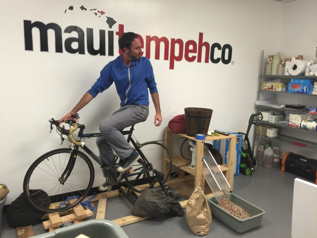Here in Hawaii at the Maui Tempeh Company, Jaime is cracking soybeans to prepare them for tempeh. He is using the Country Living Grain Mill (on the wood shelf) and his bicycle to do the job!